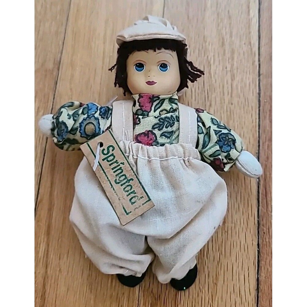 1960s Springford country girl w/overalls porcelain face doll 5 inch tall